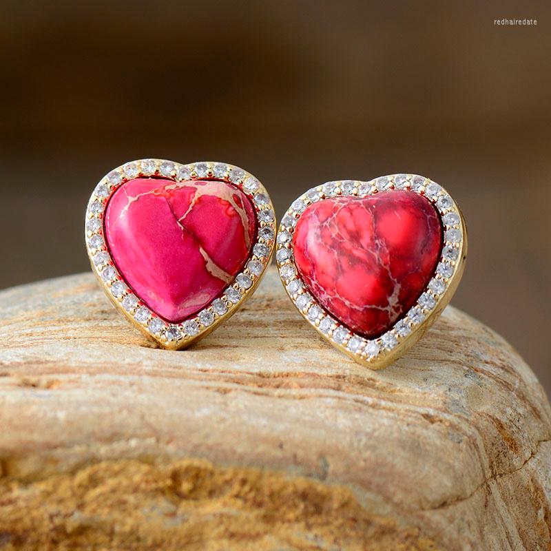 

Stud Earrings Classic Women Gold Plated Heart Stones Energy Healing Party Sea Sedient Jasper Jewelry Bijoux Wholesale