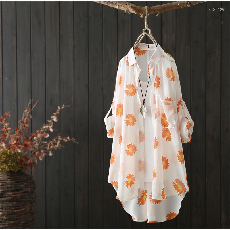 

Women's Blouses 2022 Summer Product Mid-length Small Daisy Print Long-sleeved Sunscreen Blouse Casual Loose Cardigan Shirt Women, Green