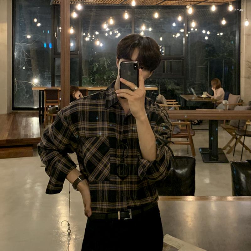 

Men's Casual Shirts Vintage Autumn Plaid Men's Long Sleeve Korean Fashion Loose Blouse Single Pocket Tops For Male 2Y6923, Check red