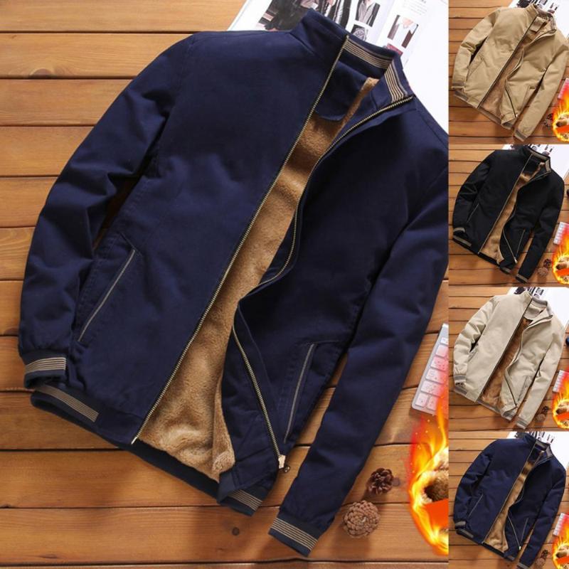 

Men's Jackets Men Jacket Winter Stand Collar Zipper Pockets Fleece Lined Woolen Warm, Black