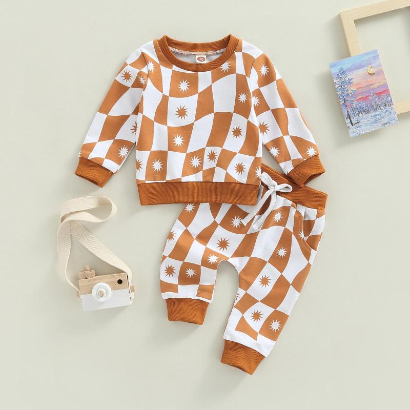 

Clothing Sets Infant Girls Boys 2 Pieces Outfits Plaid Sun Print Round Neck Long Sleeve Sweatshirt Elastic Waist Pants Set, Picture shown