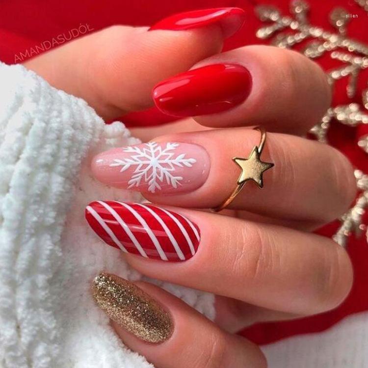 

False Nails 24Pcs Christmas Long Ballerina Coffin Xmas Snowflake Full Cover Press On Fake 2022 Year Manicure Tips, 108