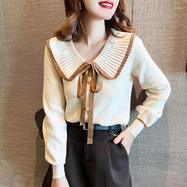 

Women's Sweaters Women 2022 Autumn Winter Bow Tie Knitted Tops Female Long Sleeve Sweater Ladies Solid Color Bottoming Jumpers D218, Apricot