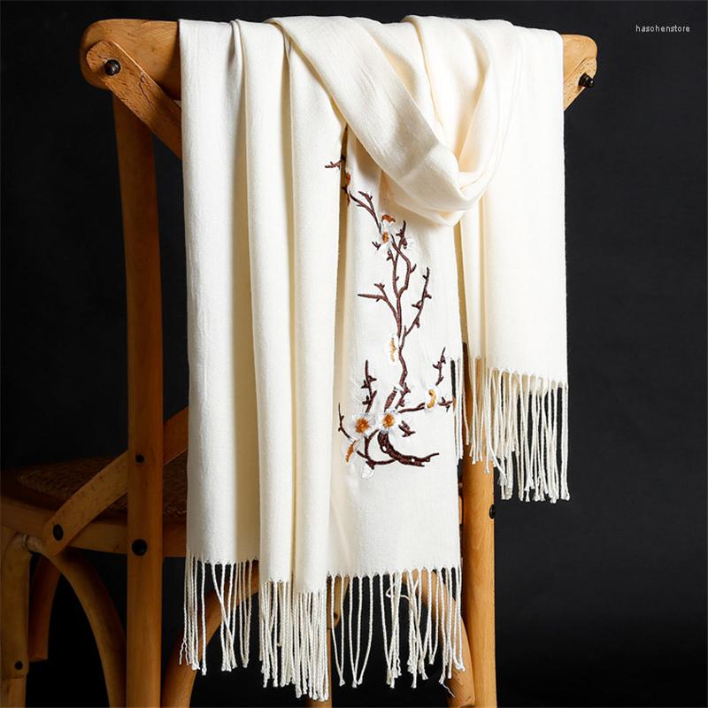 

Scarves 2022 Winter Soild Cashmere Scarf For Women Exquisite Embroidery Shawls And Wraps Lady Long Pashmina Female Sjaal Foulard
