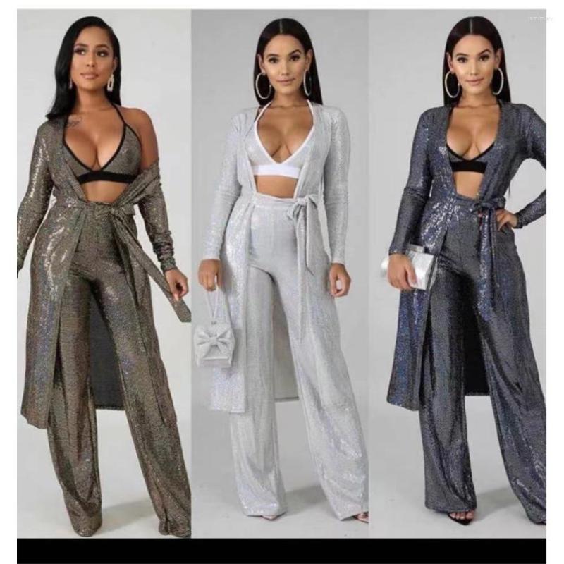 

Women's Two Piece Pants Beading Sequined Women Clothes Sexy Three Sets Lace Up Bra Belt Tie Long Sleeve Coat Straight Wide Leg Trousers, Black