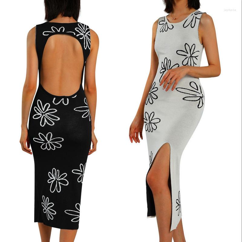 

Casual Dresses Female Maxi Dress Floral Print O-Neck Sleeveless Vest Backless Sundress For Summer Fall Black/Beige /M/L
