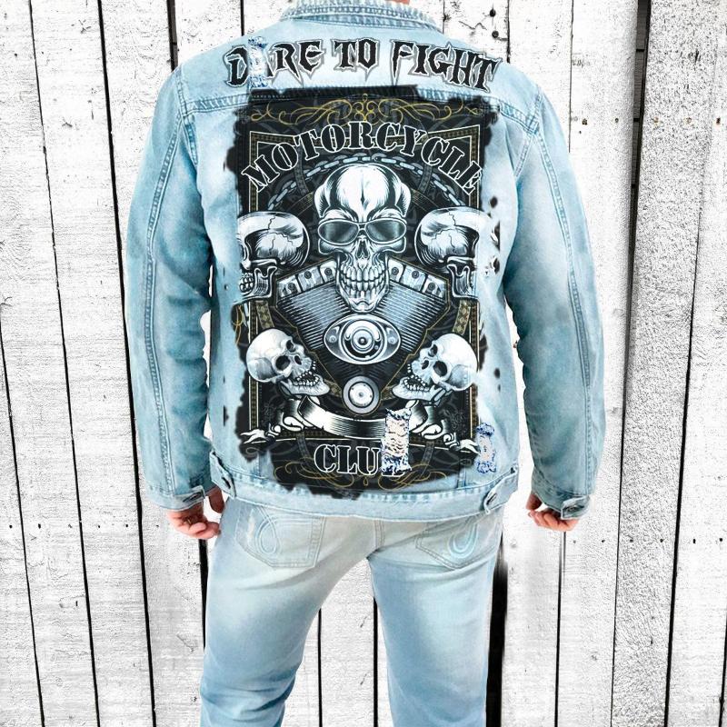

Men' Jackets Men' Autumn And Winter -selling Street Personality Motorcycle Mechanical Skull Pattern Print Ripped Denim Jacket, Light blue