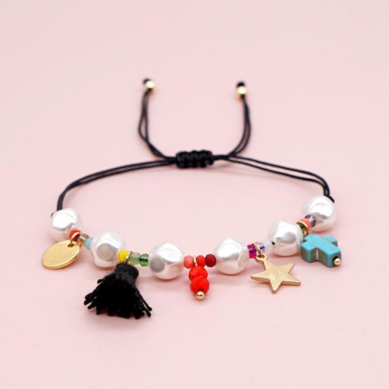 

Strand Fashio Cross Star Tassel Charm Bracelets For Women Faux Baroque Pearl Bracelet Adjustable String Beaded Jewelry Gift