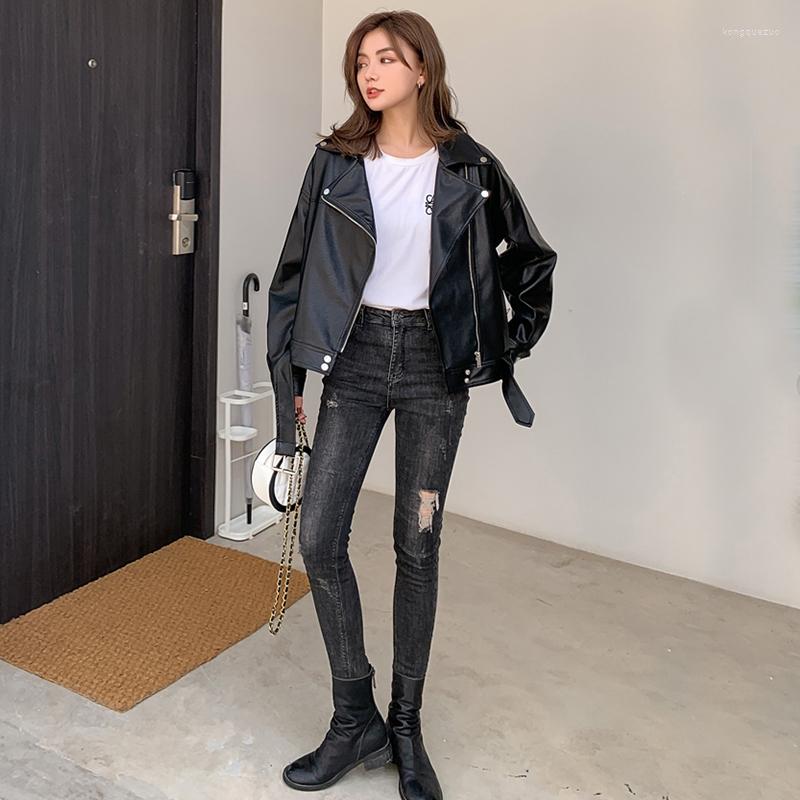 

Women' Leather Aibeautyer Spring Autumn Female Loose Solid Color Outwear With Belt Faux Jacket Women Lapel BF Style Motorcycle Pu Coat, Beige