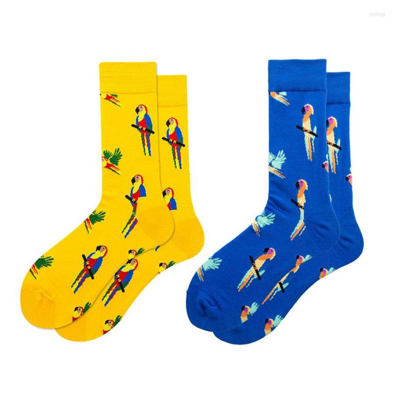

Men's Socks Funny Parrot Pattern Cotton Men Crew Casual Happy Blue Yellow Sock Spring Summer Autumn Style 2 Pack, 2 colors 2 pack
