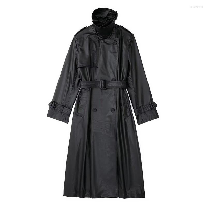 

Women's Trench Coats DiYiG Women's 2022 Fashion Faux Leather Coat With A Belt Streetwear Casual Double Breasted Loose Long Overcoat, Black