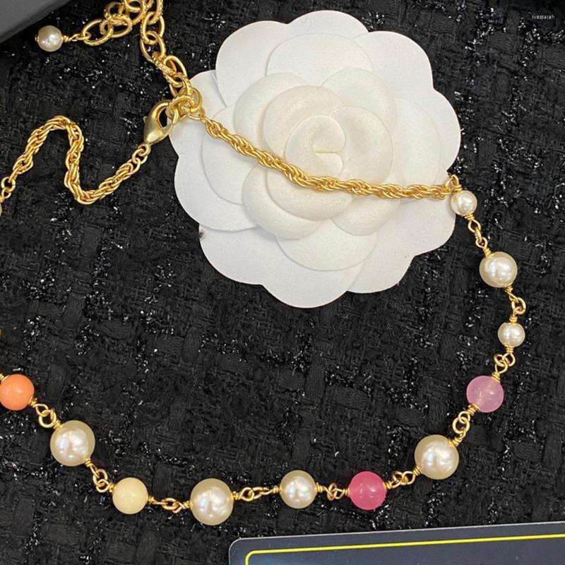 

Chains Pearl Necklace Pink Round Beads Original Letter Design Luxury Choker Vintage Gold Clavicle Chain For Women