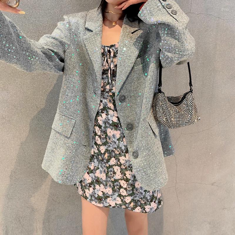 

Women' Jackets Heavy Sequined Suit Jacket Fashion Loose Single-breasted 2022 Spring Clothing Abrigos Y Chaquetas De Invierno Para Mujer, Gray