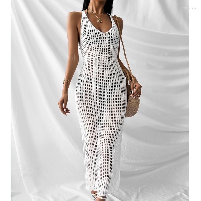 

Casual Dresses Strap White V Neck Long Dress 2022 Beach Wear Summer Women Sexy Hollow Out Backless Knitted Pullover Maxi