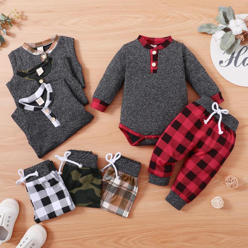 

Clothing Sets 2022-07-02 Lioraitiin 0-18M Infant Baby Boy Girl Plaid Print/Camouflage Clothes Set Long Sleeve Romper Elastic Waist Trousers