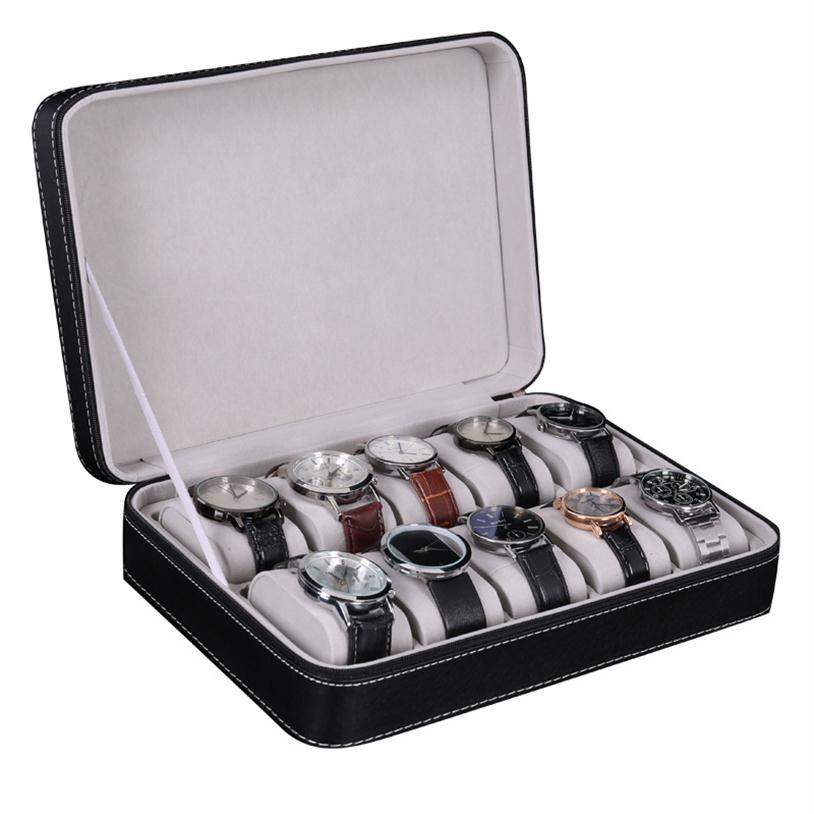 

10 Slot Watch Box Storage Boxes Display Case Jewelry Organizer with 10 Removable Watch Pillow Velvet Lining Zipper Closure Synthetic Le221r