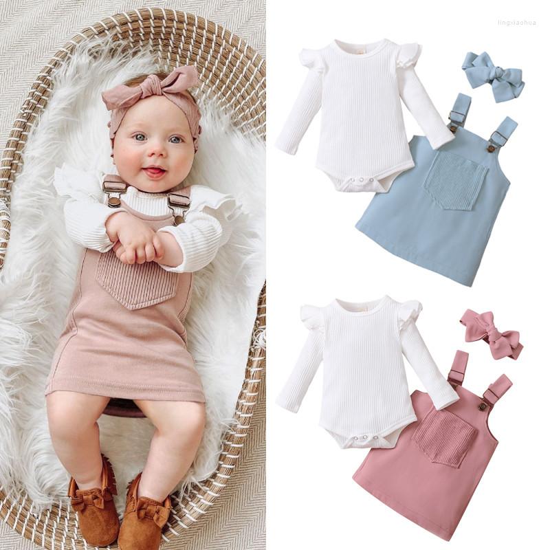 

Clothing Sets 3pcs Toddler Infant Baby Girls Clothes Autumn Born Pricess Girl Solid Knitted Rompers Pocket Suspender Skirts Headwear