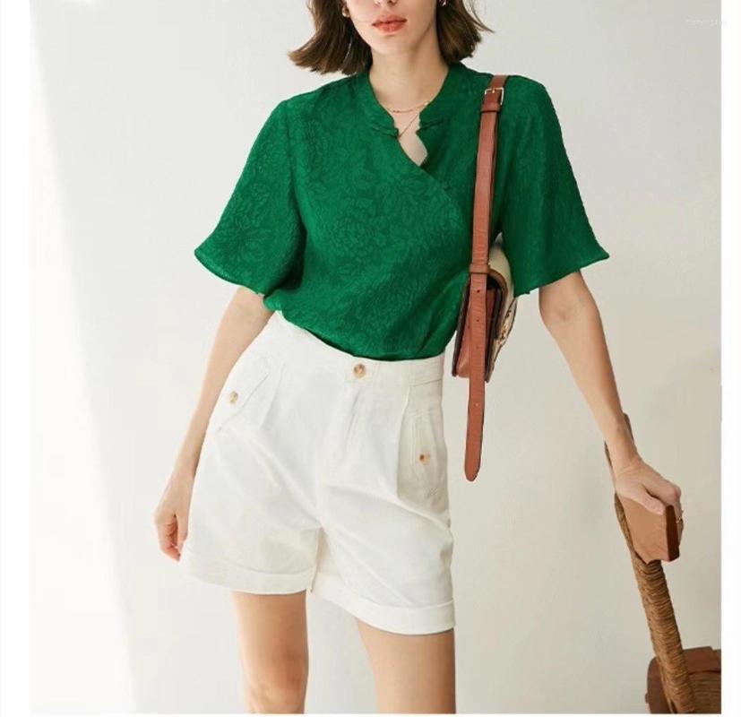 

Women' Suits Huai High-end Air Jacquard Silk Blouse 2022 Senior Feeling Restoring Ancient Ways Female Button Collar Shirt, Green