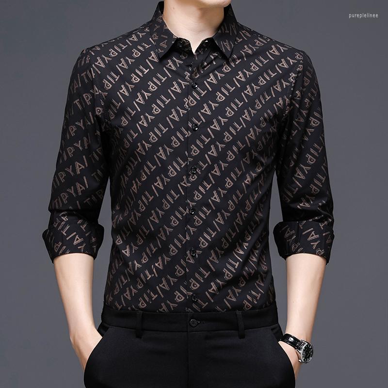 

Men's Casual Shirts Fashion Designer Brand Slim Fit Letter Soft Men 2022 Spring Autumn Long Sleeve Classic Trending Clothing, Black