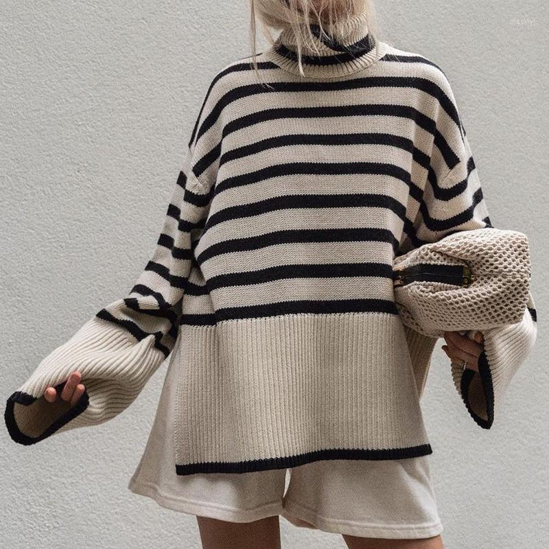 

Women' Sweaters High Fashion Street Striped Turtleneck Wool Knit Lazy Pullover Oversize Winter Designer Padded Outer Sweater Women Clothes, Black