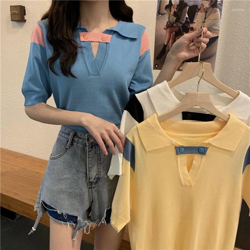 

Women's T Shirts Woman TShirts Top Summer 2022 Knitwear Women's T-shirt Lapel Short Sleeve Crop Mujer Camisetas, Blue