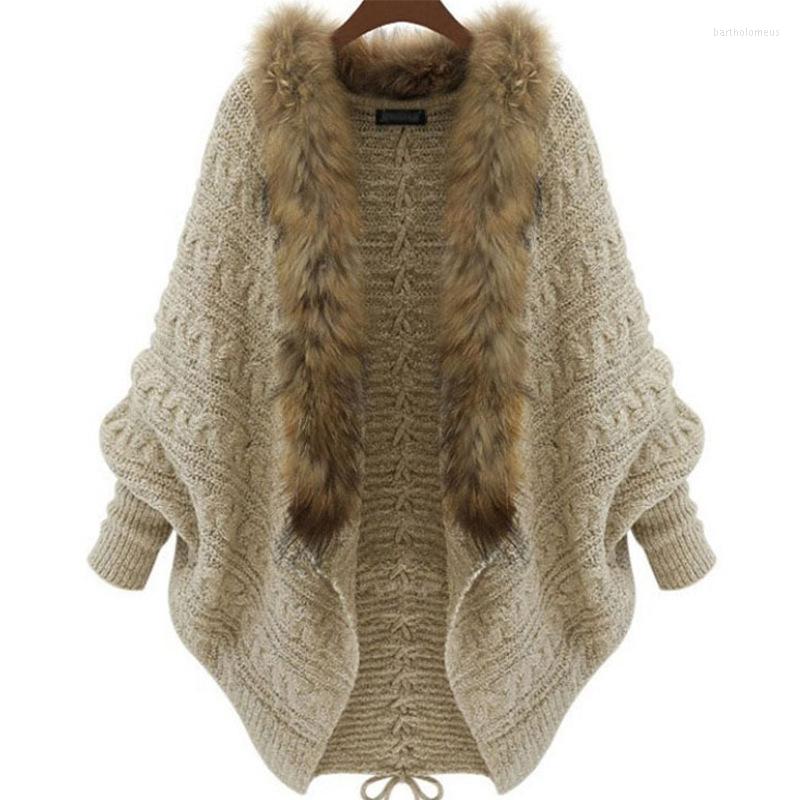 

Women's Knits Women's Knitted Cardigan Batwing Sleeve Cape Coat Sweater With Faux Fur., White