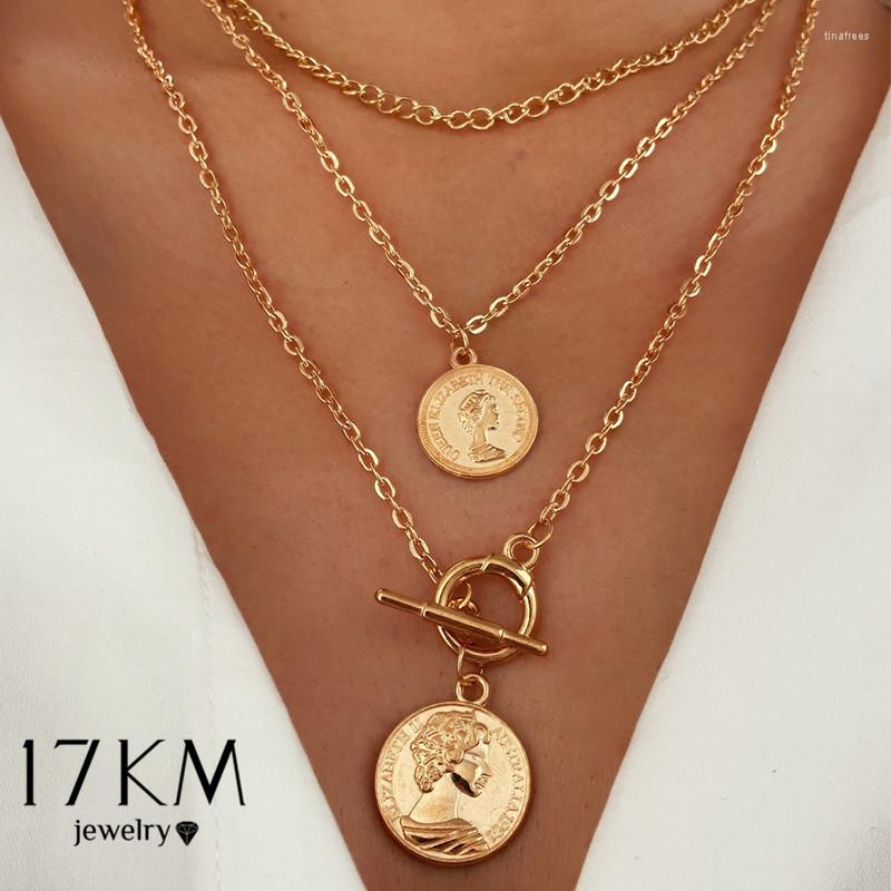

Choker 17KM Bohemian Multi-layered Portrait Coin Necklace For Women Gold Geometric Round Lock Pendant Necklaces Sweater Jewelry