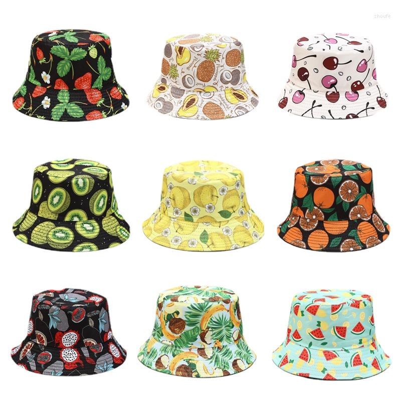 

Berets 2022 Bucket Hat For Women Designer Fruit Print Spring Summer Fisherman Caps Denim Hats Cotton Harajuku Hip Hop Panama Lady