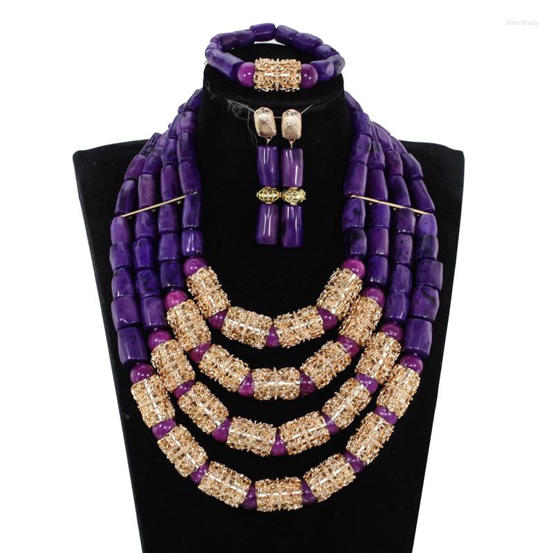 

Necklace Earrings Set Luxury 4 Layers Purple Nigerian Real Coral Beads Bridal Statement Wedding Jewelry CL1190, Picture shown