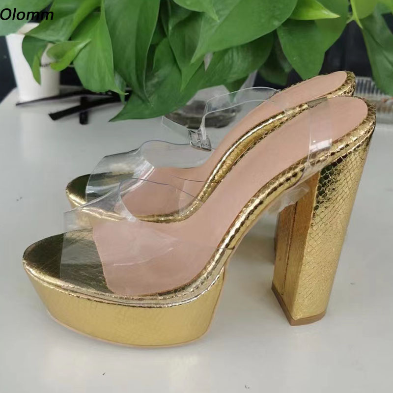 

Olomm Handmade Women Platform Sandals Ankle Strap Snake Pattern Chunky Heels Round Toe Gorgeous Gold Party Shoes US Size -20