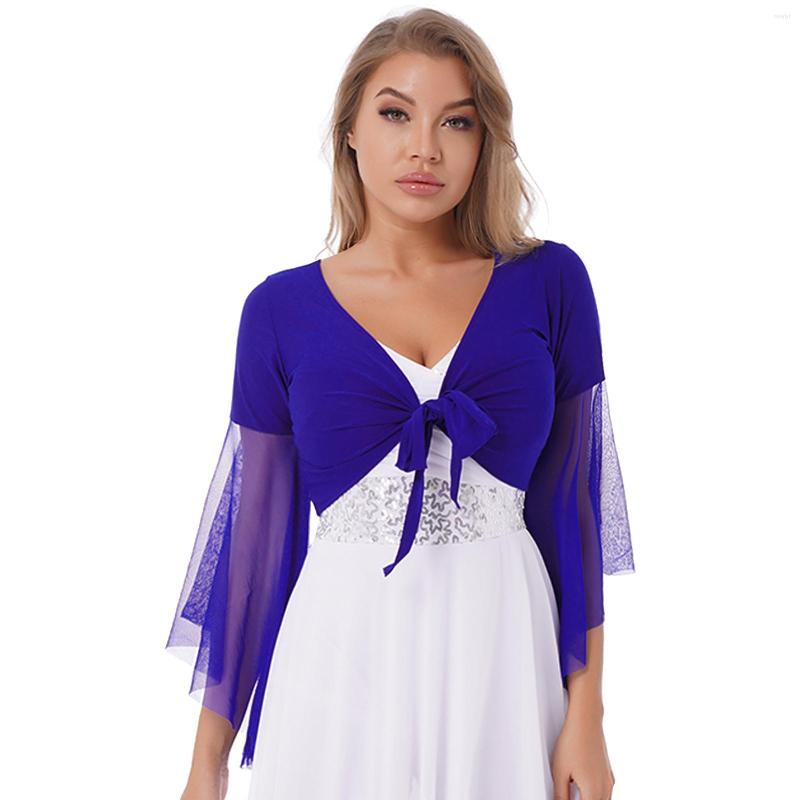 

Stage Wear Belly Dance Top For Womens Ladies V Neck Lace-up Performance Costume 3/4 Tulle Flared Sleeve Crop Dancewear, White