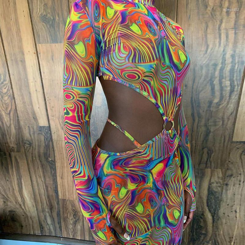 

Casual Dresses Imcute Tie Dyeing Print Sexy Women Dress 2022 Long Sleeve Hollow Out Ring Patchwork Party Clubwear Waist Pencil, Picture shown
