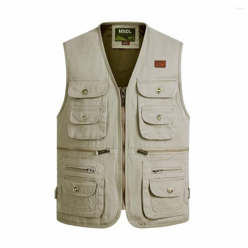 

Men's Vests Fashion Brand Male Denim Men Outdoors Cotton Multi Pocket Sleevless Jacket Jeans Masculino, Beige