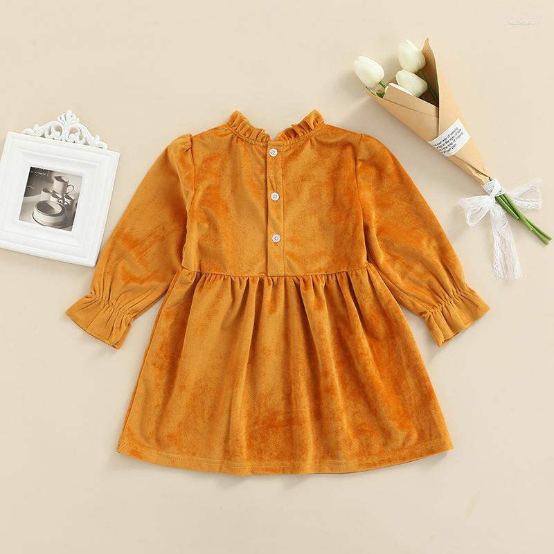 

Girl Dresses Velvet Pleated Baby Dress Long Sleeve Ruffle Neck Solid Color A-Lined Loose Casual Party Fall Princess Midi, Yellow