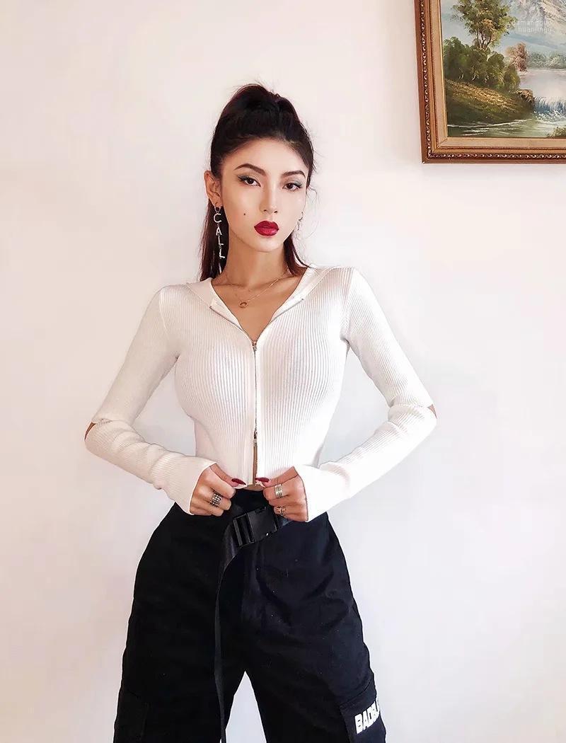 

Women' Hoodies Women' & Sweatshirts 2022 Autumn Fashion Solid Color Zipper Hooded Double Sleeve Hollowed Out Short Knitted Top, Black