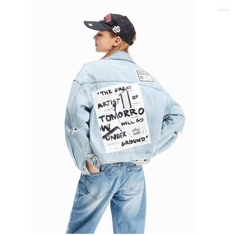 

Women' Jackets Fashion Denim Jacket Women Hole Jeans Vintage Letter Loose Female Coats Casual Blue Jean Outwear Manteau Femme 2022, Picture shown