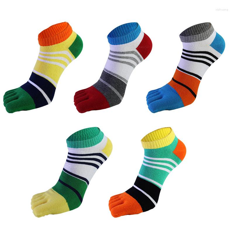 

Men's Socks Men Colorful Striped Patchwork Toe Low Tube Cotton Five Finger Breathable Soft Short Ankle Sock For Man, Blue