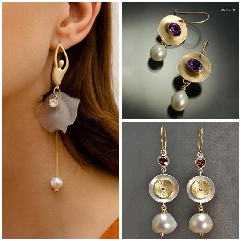 

Dangle Earrings Fashion Droplets Imitation Pearl Ladies Luxury Gold Color Filled Purple Rhinestone Drop Earring Wedding Gift Z4D279