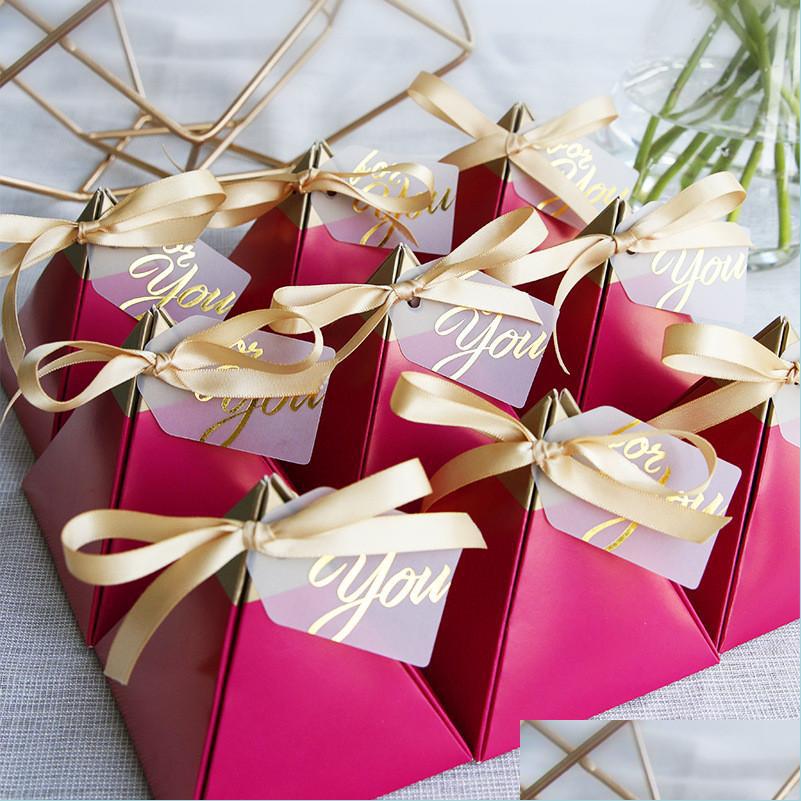

Favor Holders Rose Red Wedding Candy Boxes Triangle Shape Gold Stamp Box Presents European Supplies Thanks Gift Chocolate Drop Deliv Dh2Ps