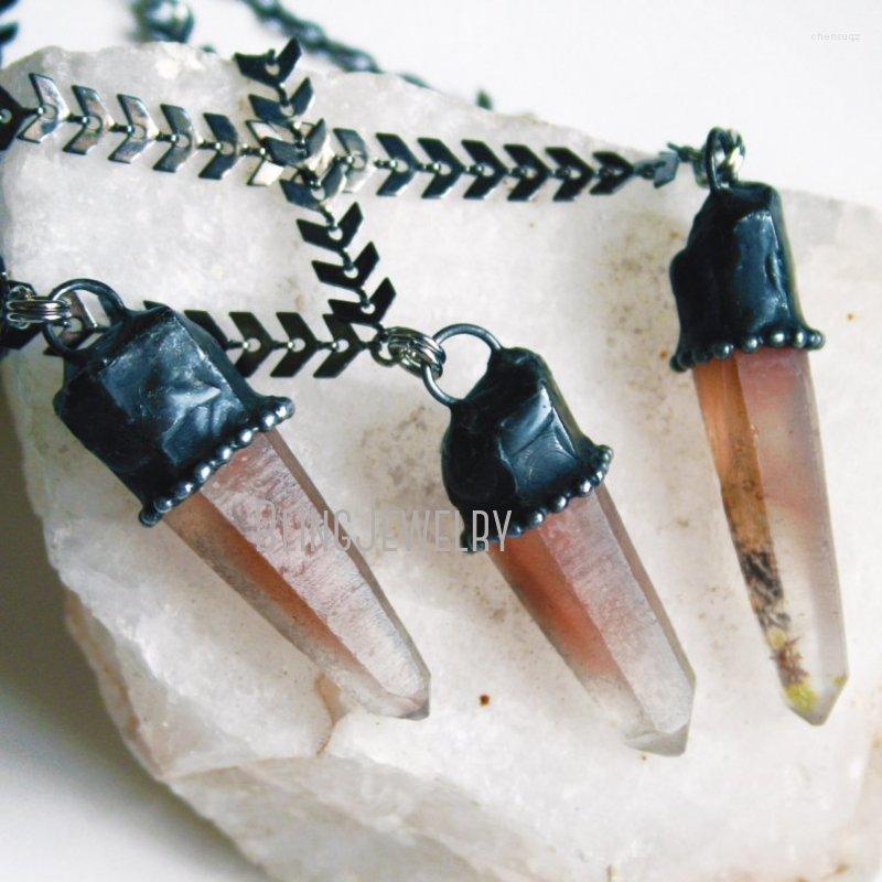 

Chains NM40779 Petite Natural Peach Quartz Crystal Necklace Small Terminated Point Layering Hematite Iron Minimal