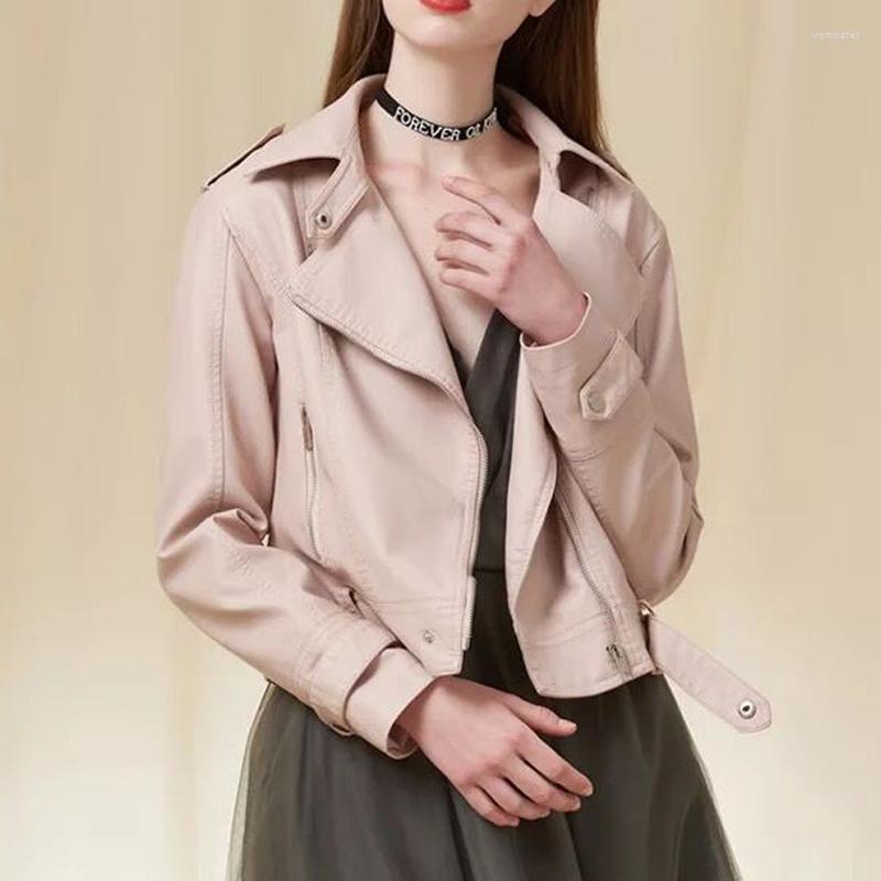 

Women' Leather Spring Autumn Chic Short Pu Motorcycle Jacket Women' Fashion Slim Black Rivet Zipper Waist Band Faux Coat Outwear, Beige