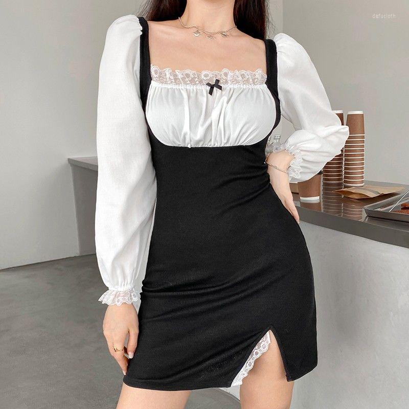 

Casual Dresses Women Autumn Winter Black White Square Collar Lace Patchwork Slit Skirt Vestido De Mujer Femme Robe