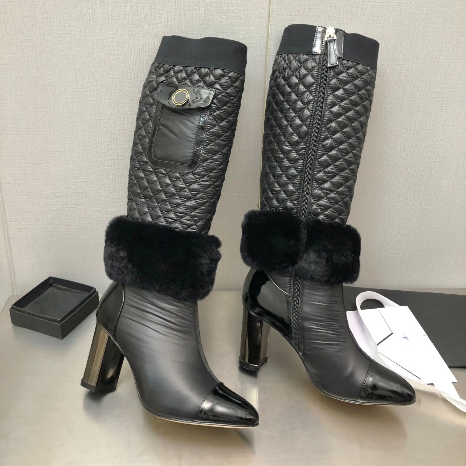 

Luxury Designer Women Long Boots Fashion Genuine Leather Mixed Color Warm Fur Woman Knee High Booties Runway Outfit Chunky High Heels Bota Party Dress Bota Female, As show