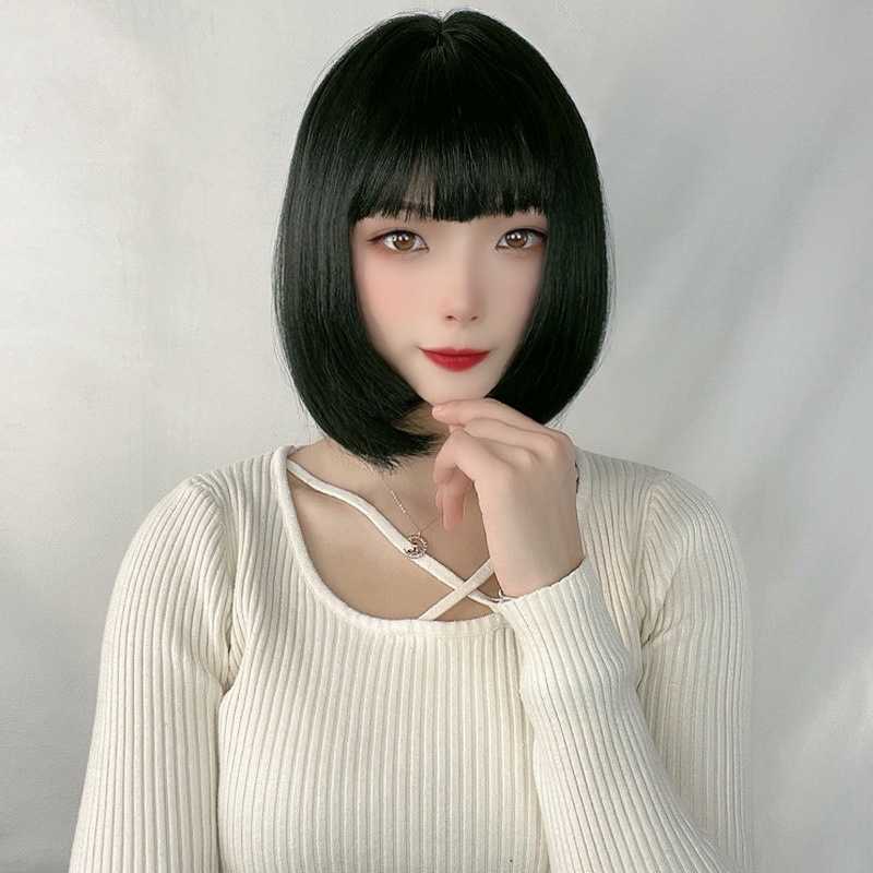 

Hair Lace Wigs Net Red Princ Cut Female Short Bobo Ji Hair Style Trim Face ffy Chemical Fiber Head Cover Daily Wig, Black