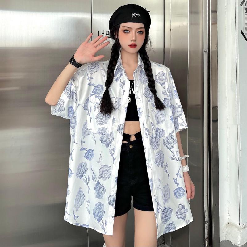 

Women's Blouses Retro Rose Short-sleeved Shirt 2022 Summer Loose Harajuku Hip-hop Handsome Half-sleeved Tide Blouse, White