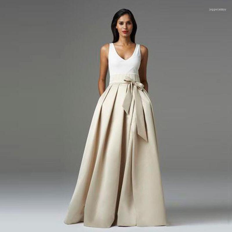 

Skirts Modest Beige Womens Pleated Matte Satin A-line Custom Made Zipper Waist Bow Skirt With Pockets Saia Longo Formal Gowns, Khaki