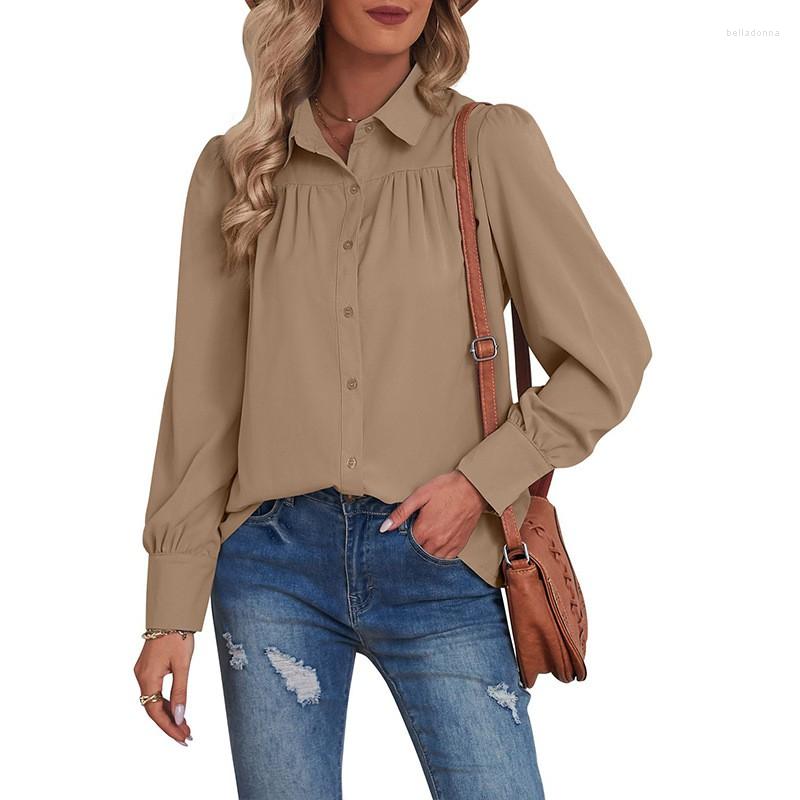 

Women' Blouses Women' Fall Winter Fashion Lapel Lantern Sleeve Blouse Solid Color Temperament Commute Casual All-Matching Shirt, Khaki