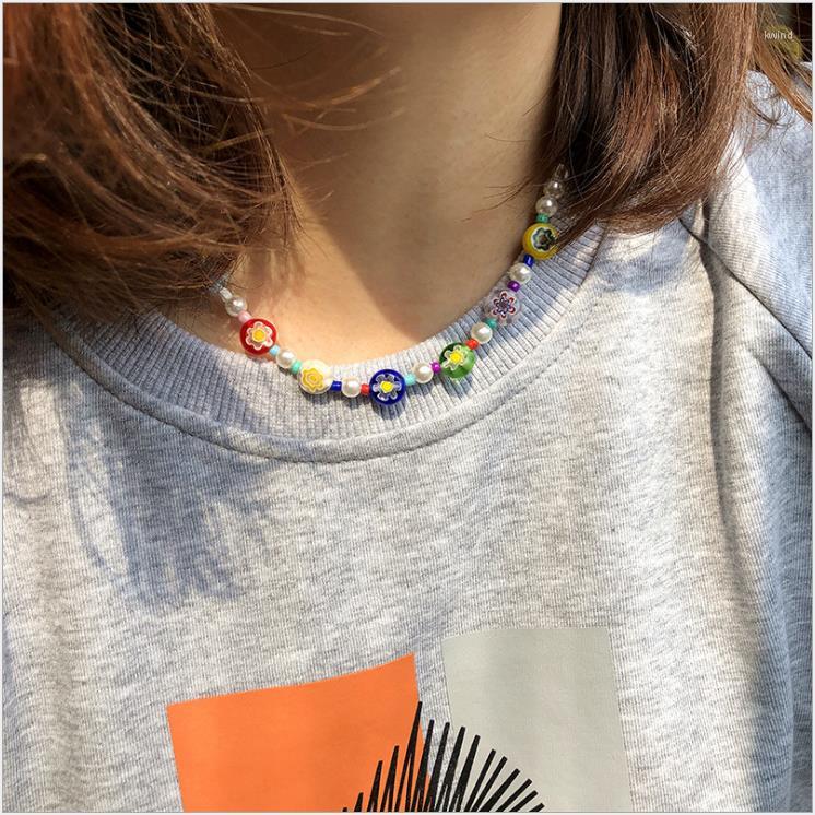 

Choker Bohemia Chain Necklace Flower Pearl Glass Color Beads Necklaces For Women Fashion Party Jewelry Accessories