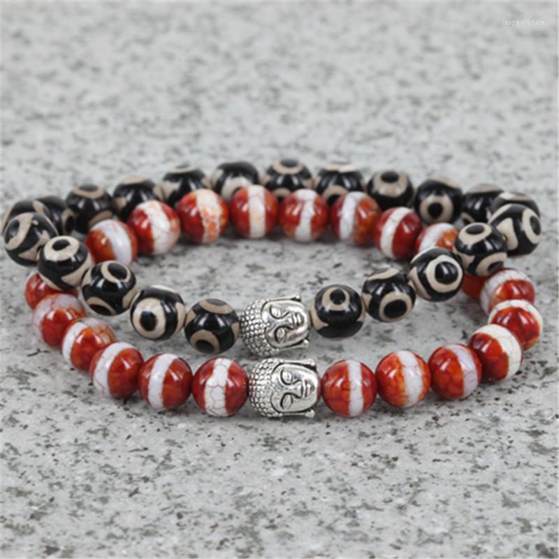 

Strand 2pcs Natural 8mm Stone Round Beads Charm Women Bracelet Silver Color Buddha Head Gem Men