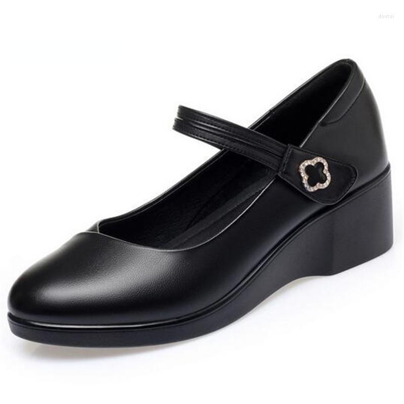 

Dress Shoes 2022 Autumn Genuine Leather Rhinestone Mother Black High Heels Wedges Large Size Non-slip Trendy Woman, 2980 black
